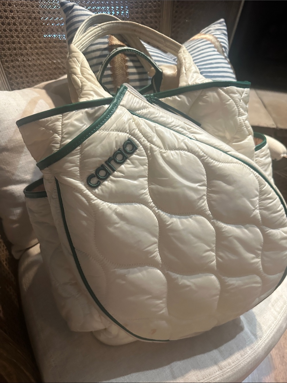 caraa Cream Quilted Backpack with Green Trim